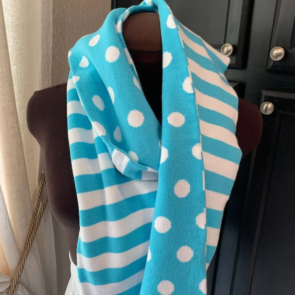 NWT Lane Bryant Blue White Reversible Knit Scarf Polka Dots & Stripes